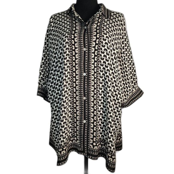NWT Max Studio London Black White & Gold Flowy Button Up Shirt Top Blouse sz XL - Picture 1 of 10